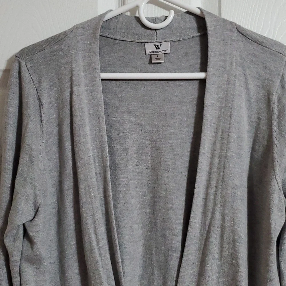 Worthington Gray Open Front Button Cardigan Sweater Cotton Blend Size Large - Picture 2 of 11